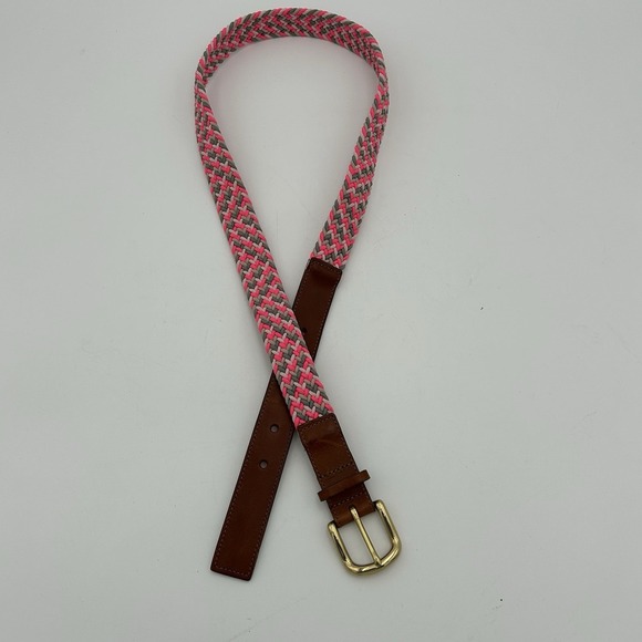J Crew Belt Women's M Pink Braided Leather Tab Brass D Ring Buckle Made USA - Picture 2 of 6